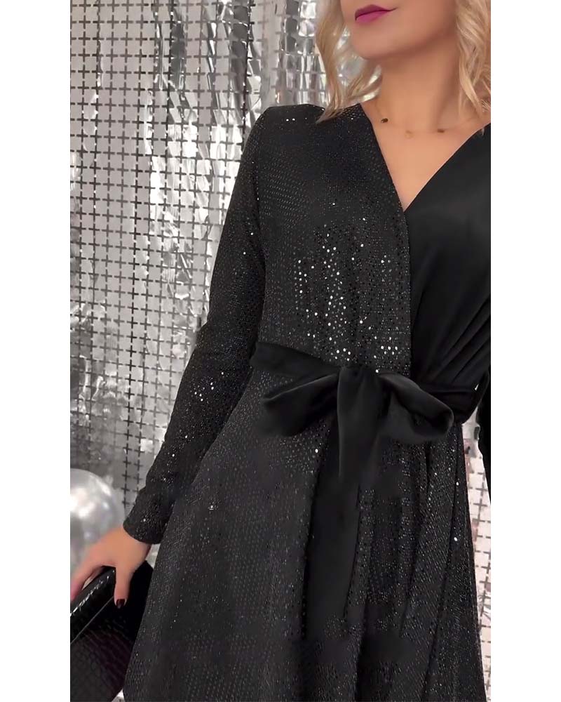 Lace-Up Kjole Sexy Wrap Bryst Paljetter Fløyel