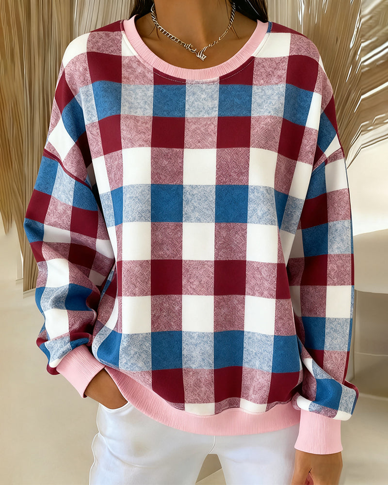 Sweatshirt Med Rund Hals Og Rutet Kontrastfarge