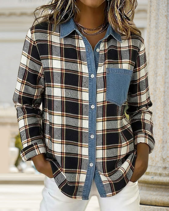 Skjorte Med Rutenmønster, Denimstoff Og Patchworkdesign
