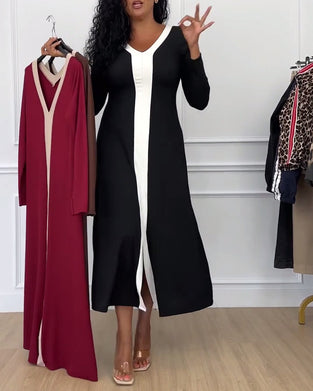 V-hals elegant kjole i kontrastfarge