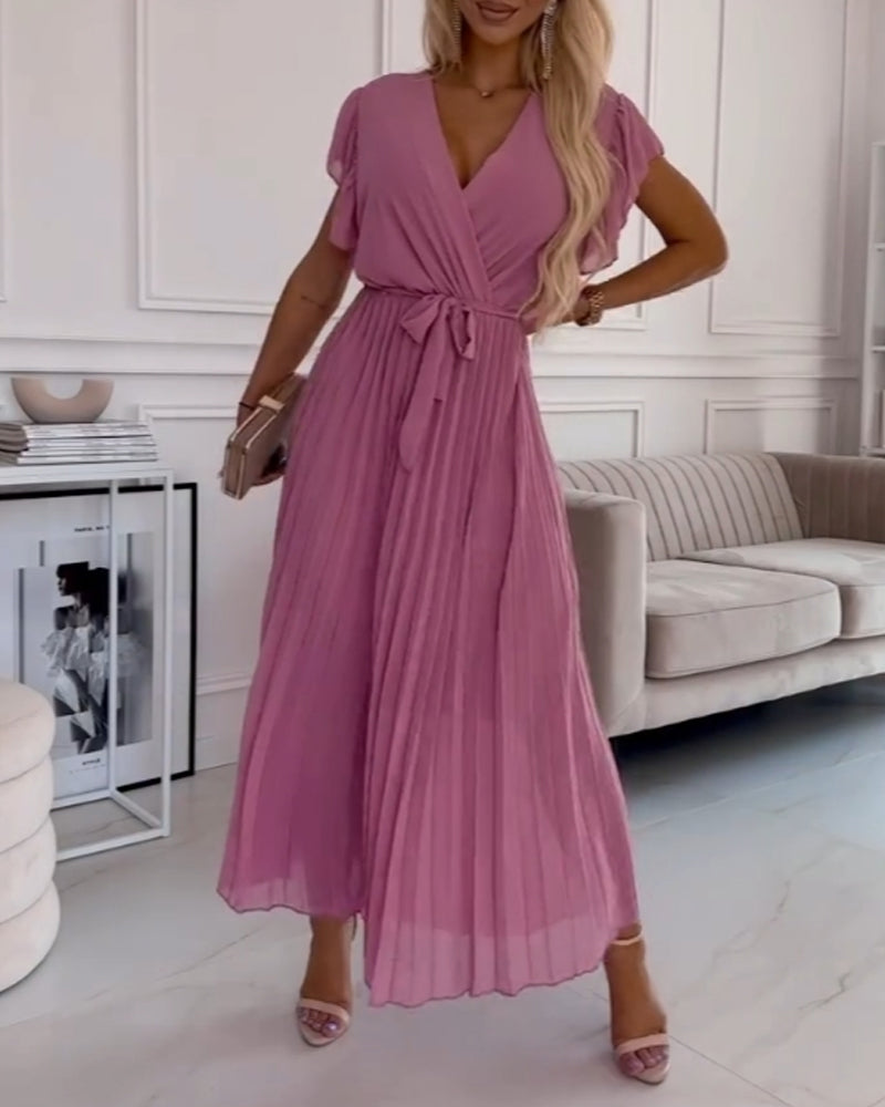 Ensfarget elegant kjole med volanger og V-hals