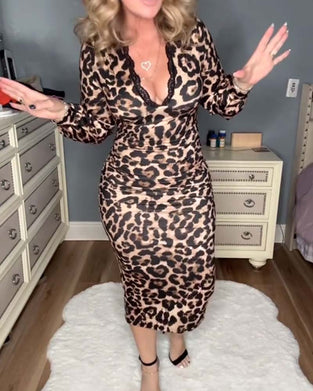 Kjole sexy leopard blonder v-hals