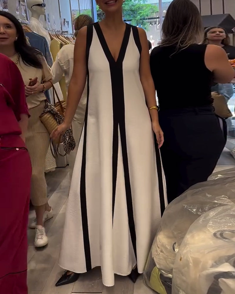 Kjole V-hals Uten Ermer Fargeblokk Løs