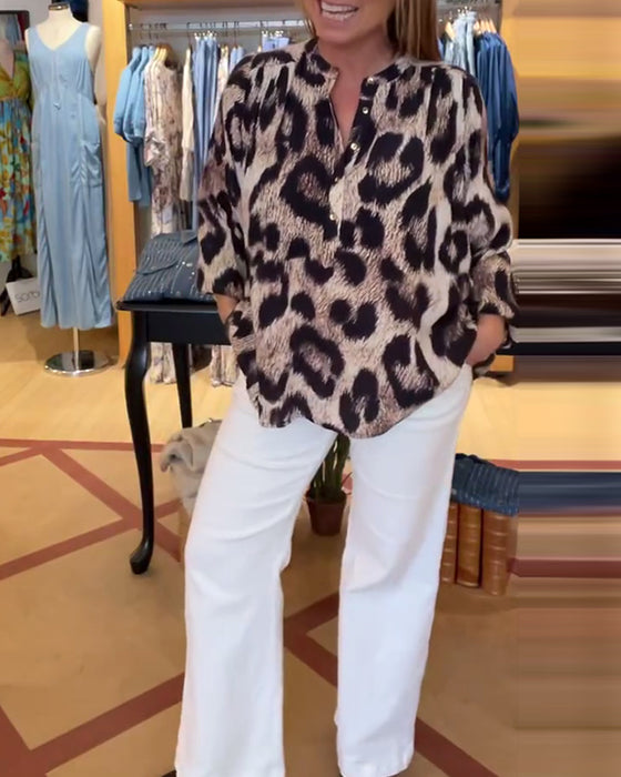 Bluse Løs Leopardtrykk Halv Knapp