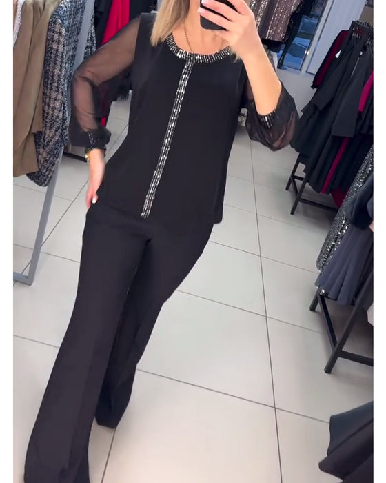 Bluse Med Paljettpanel Og Lange Ermer