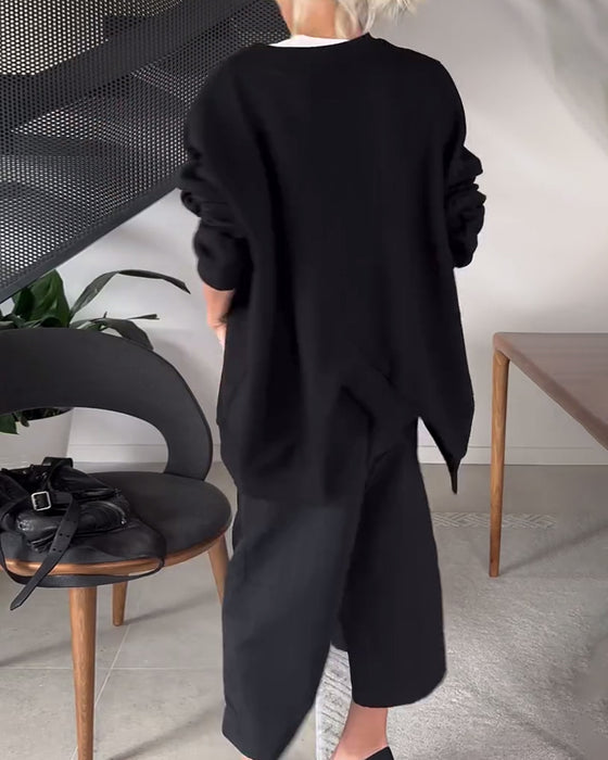 Ensfarget casual genser med rund hals og splitt