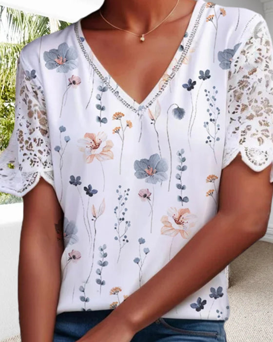 Bluse med lace-patch og trykk