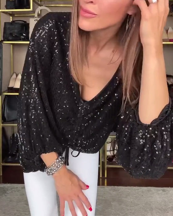 V-Hals Lanternearm Skjorte Med Paljetter
