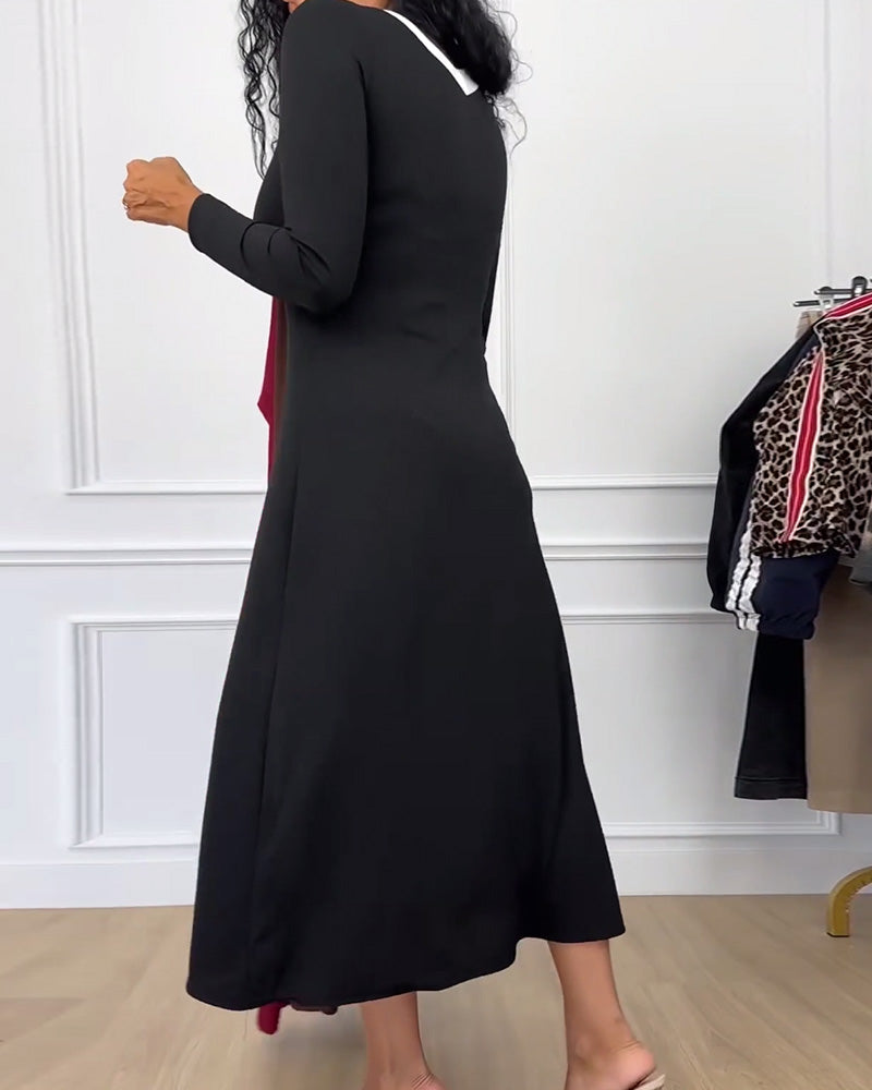 V-hals elegant kjole i kontrastfarge