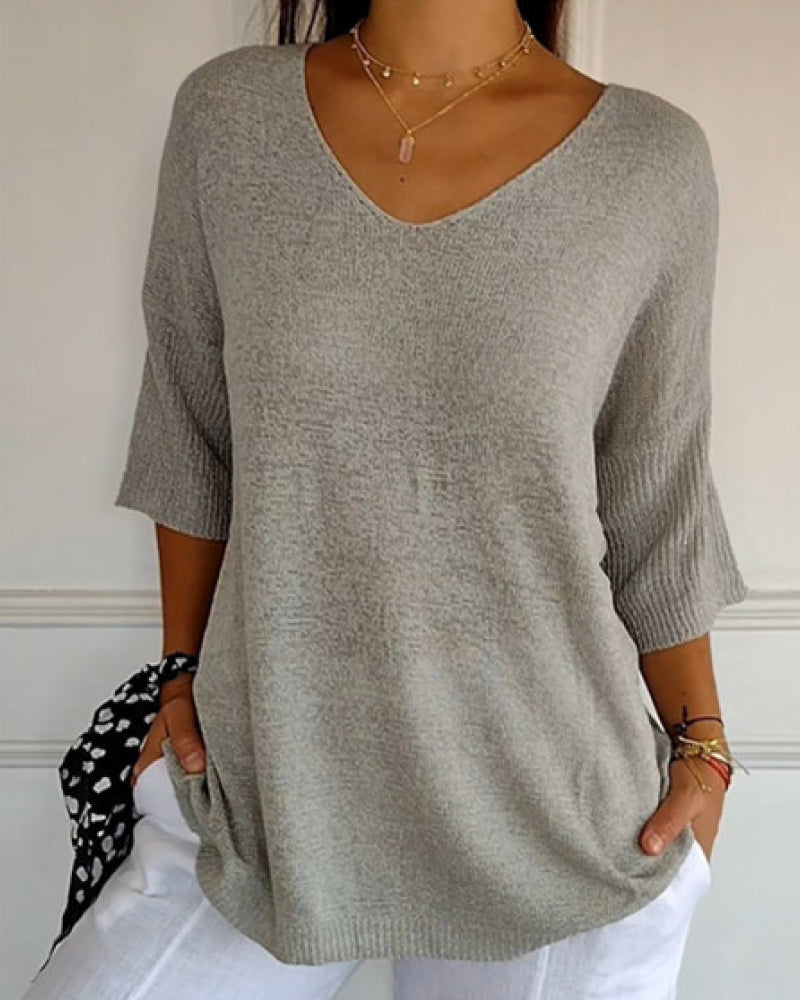 💖 Ensfarget Strikket Topp Med V-Hals