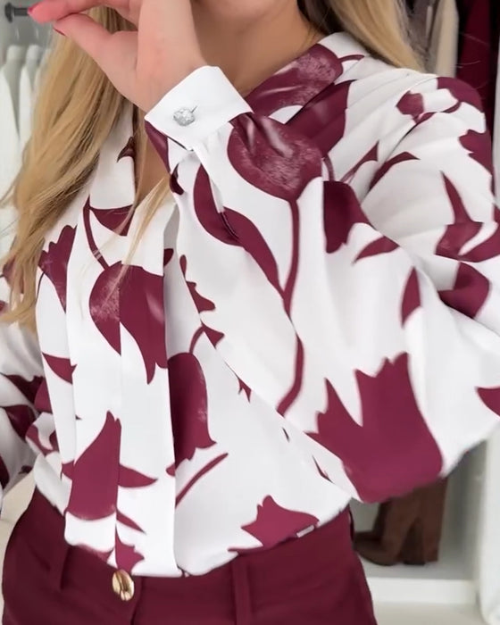 Bluse V-Hals Stilig Bladtrykk