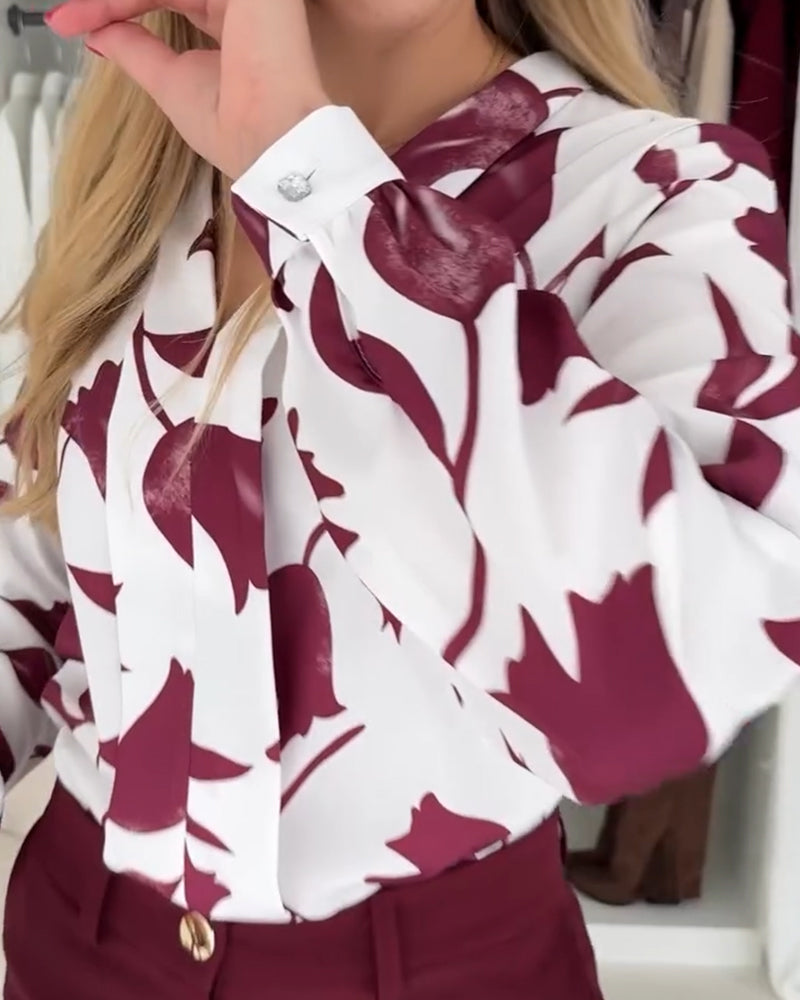 Bluse V-Hals Stilig Bladtrykk