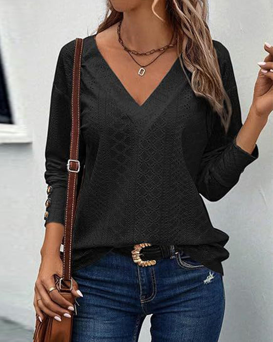 Bluse casual v-hals hul ensfarget