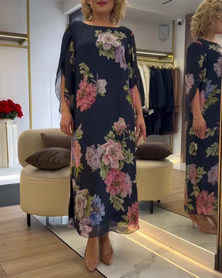 Kjole Rund Hals Blomstert Splitt