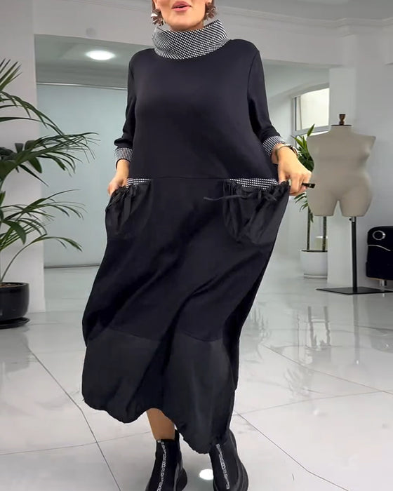 Uformelt rutete patchwork-lommekjole med høy krage