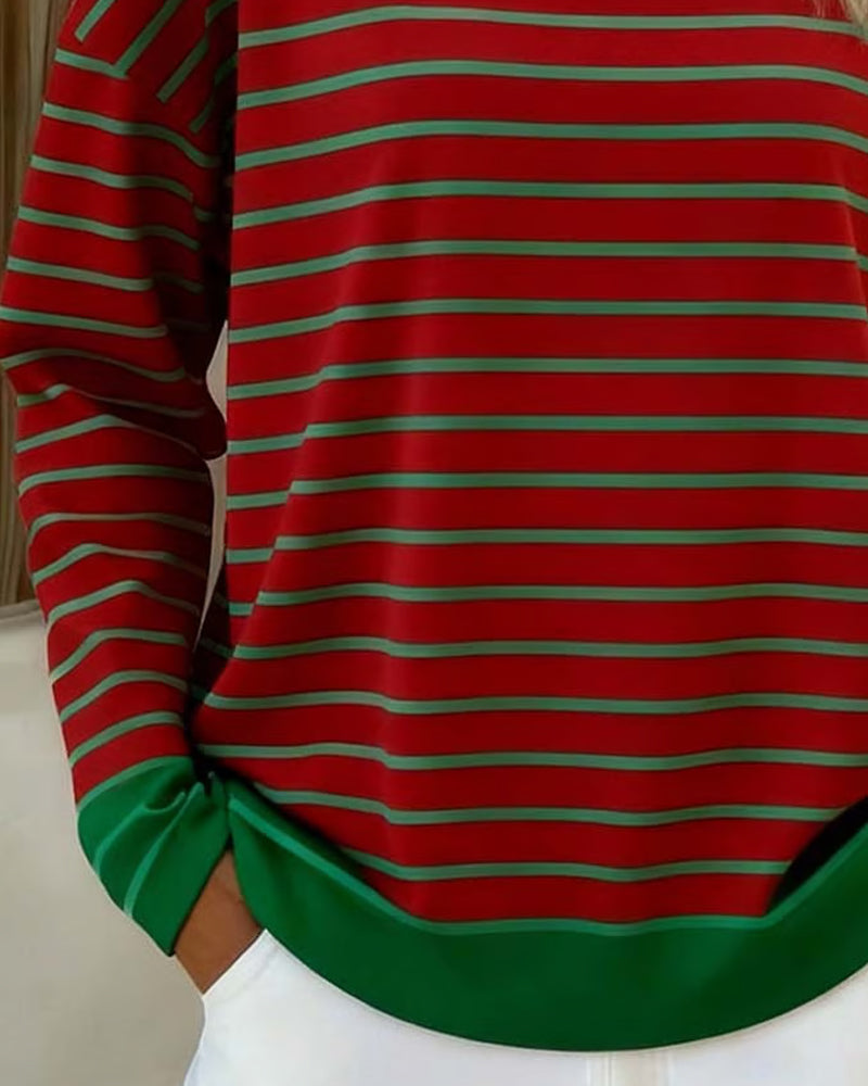 Top Med Vintage Stil, Streipemønster, Løs Passform Och Mange sidige Design