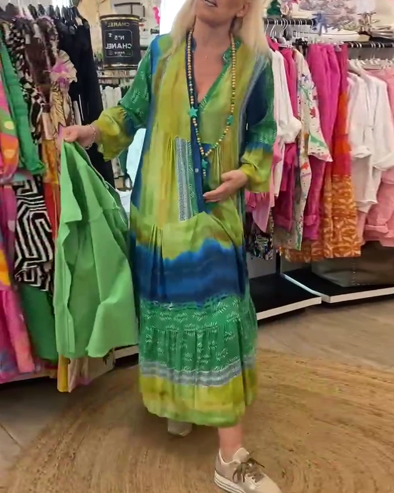 Trykt uformelt V-hals lang kjole med flare ermer