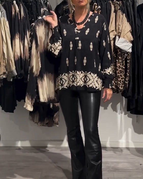 Skjorte v-hals lanterne erme trykt