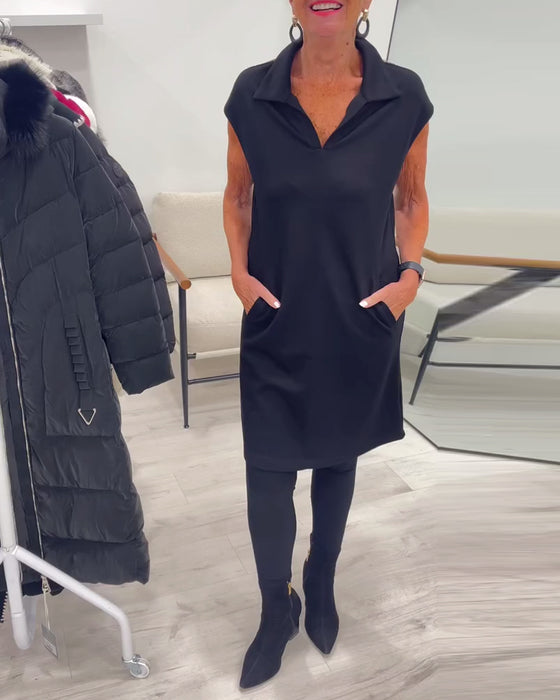 Kjole Ermeløs Revers Lomme Ensfarget