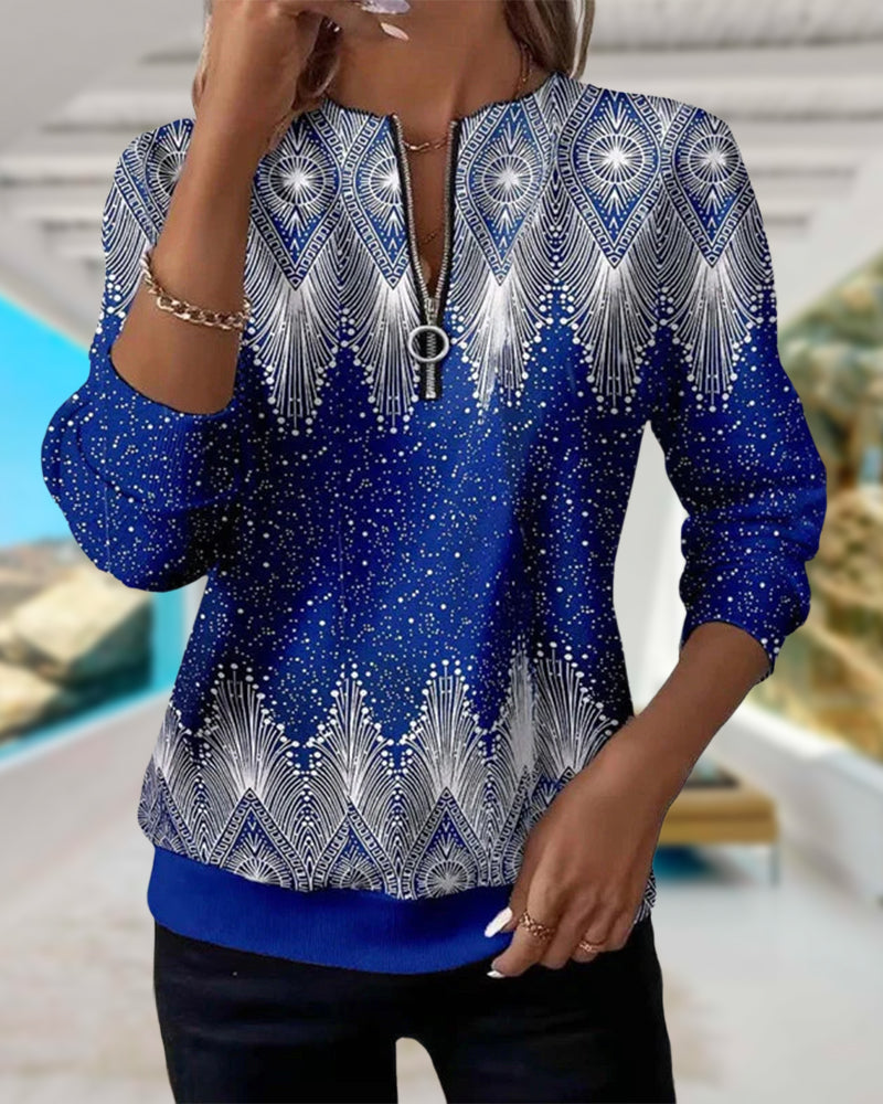 Hoodie Med Halv-Zip Detalj, Retro Stil Och Trykt Mönster