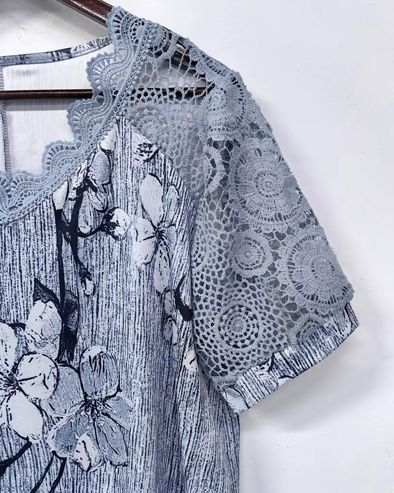 T-skjorte Blonder Heklet Patchwork Trykt