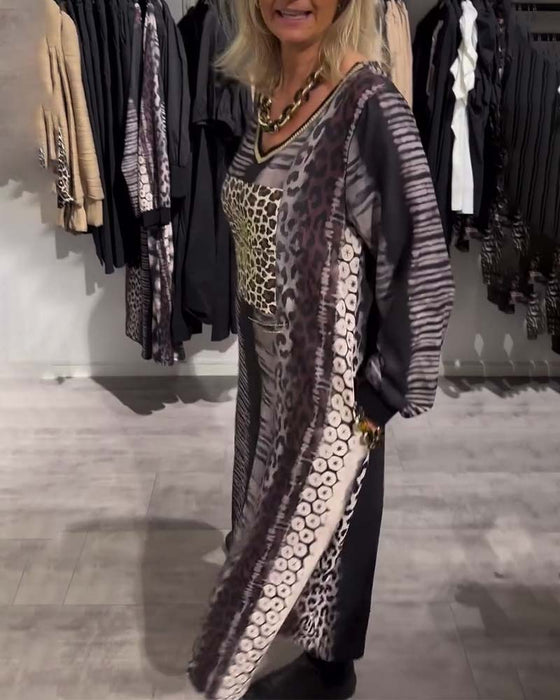 Kjole avslappet v-hals leopardprint