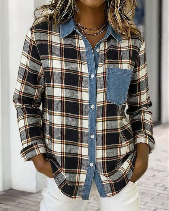 Skjorte Med Rutenmønster, Denimstoff Og Patchworkdesign