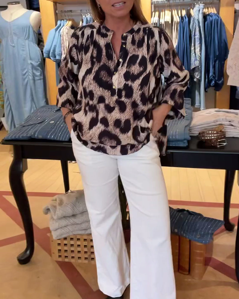 Bluse Løs Leopardtrykk Halv Knapp