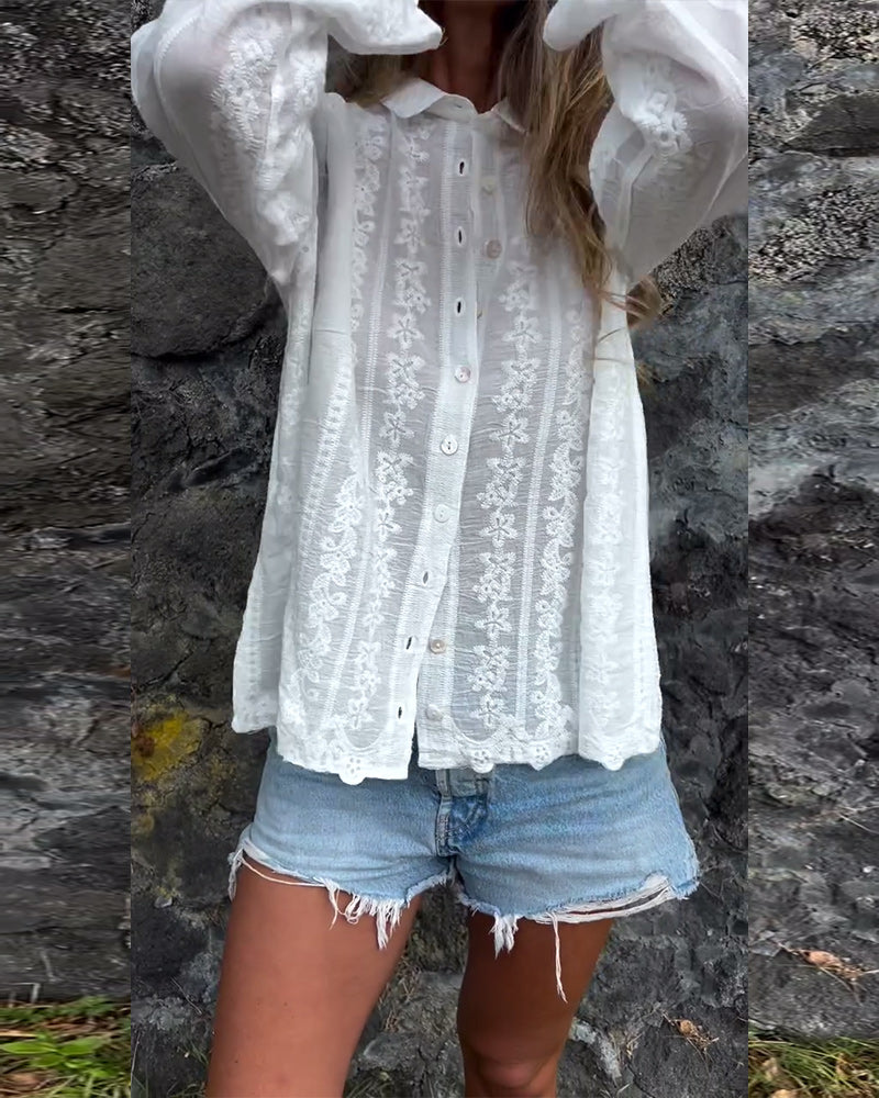 Skjorte Brodert Hulldesign Polo Krage Uformell