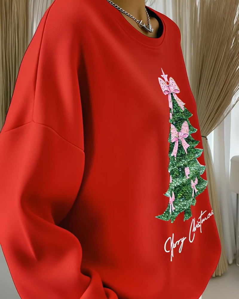 Crewneck Sweatshirt Med Juletrykk Og Lange Ermer