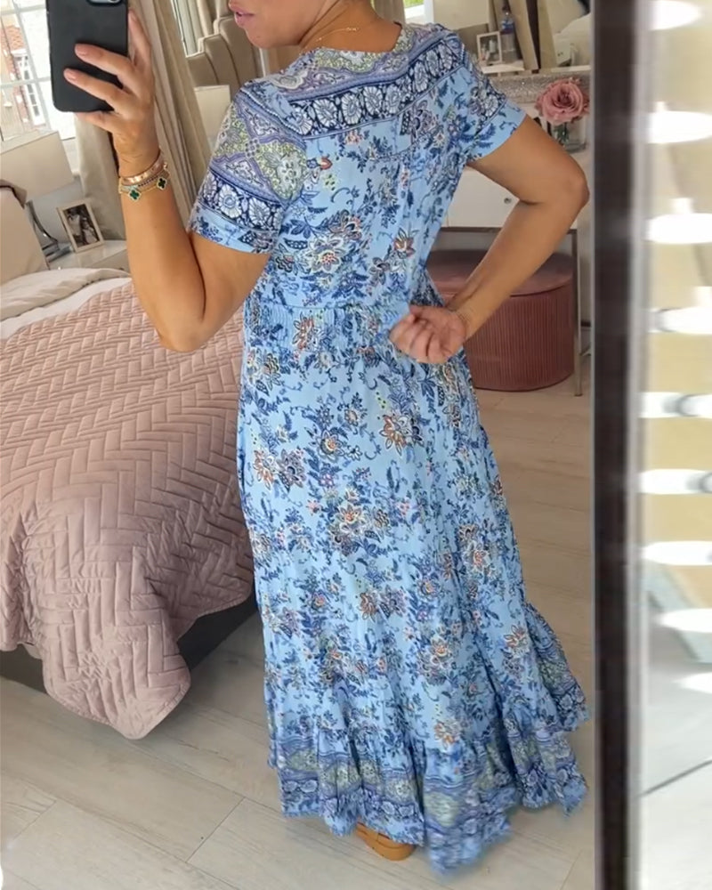 V-hals kjole med blomstertrykk
