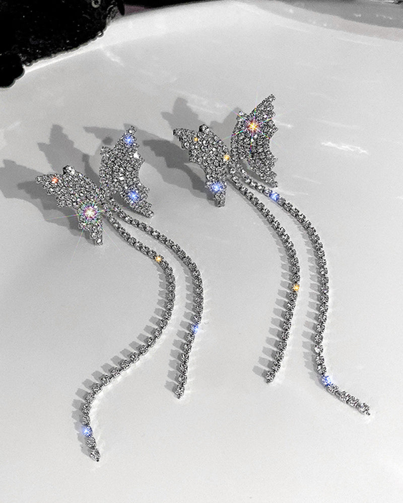 Rhinestone Butterfly Tassel Chain Halskjede øredobber
