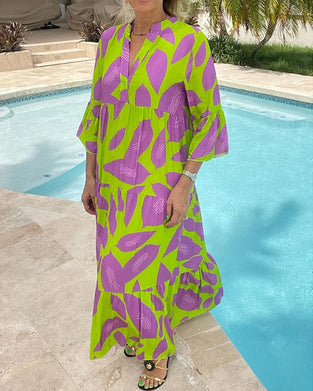 Utskrift av blader   Kjole med korte ermer