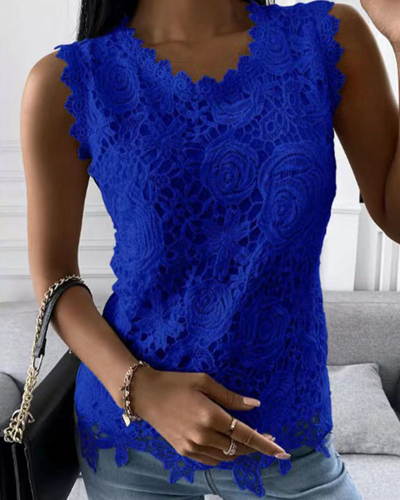 Elegant tank topp i solid med blonder