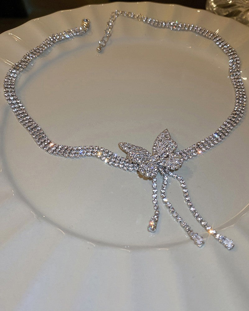 Rhinestone Butterfly Tassel Chain Halskjede øredobber