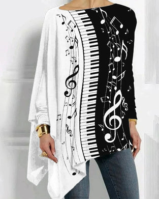 Uregelmessig langermet topp med pianotrykk