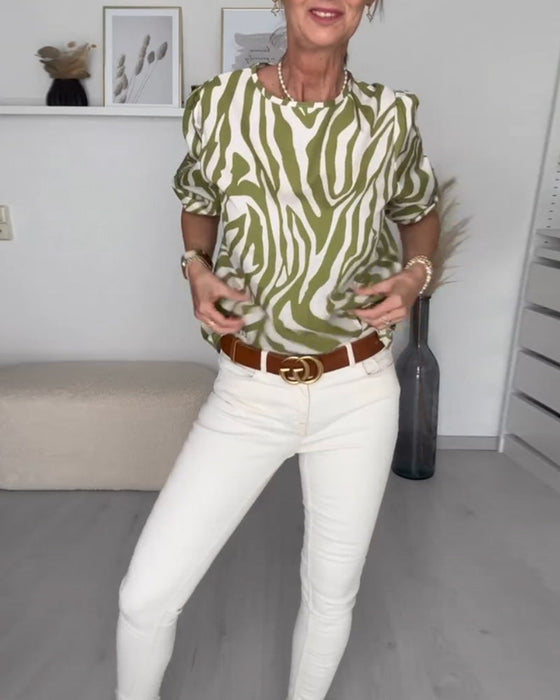 Bluse med rund hals med sebratrykk