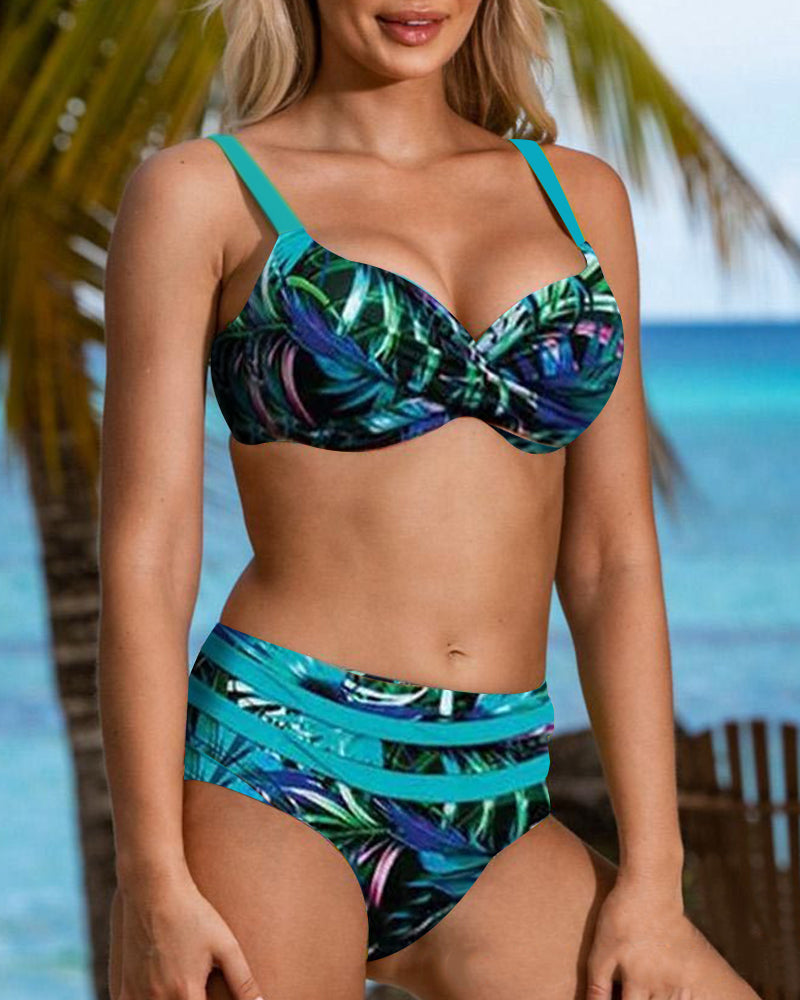 Bikini med høy midje med bladtrykk