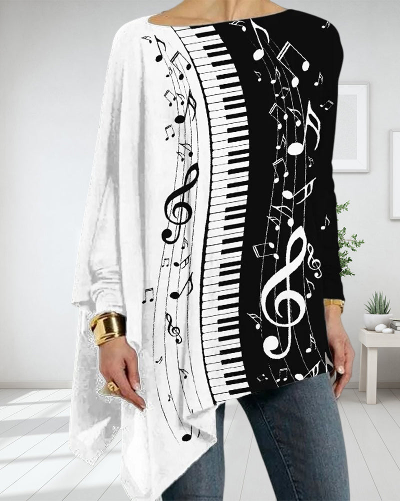 Uregelmessig langermet topp med pianotrykk