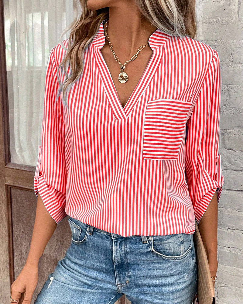 V-hals, stripete print casual bluse