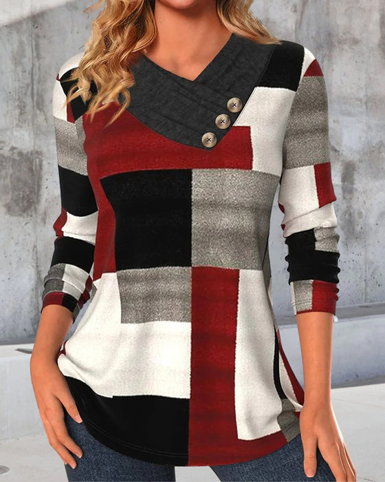 Colorblock Topp V-Hals Lange Ermer