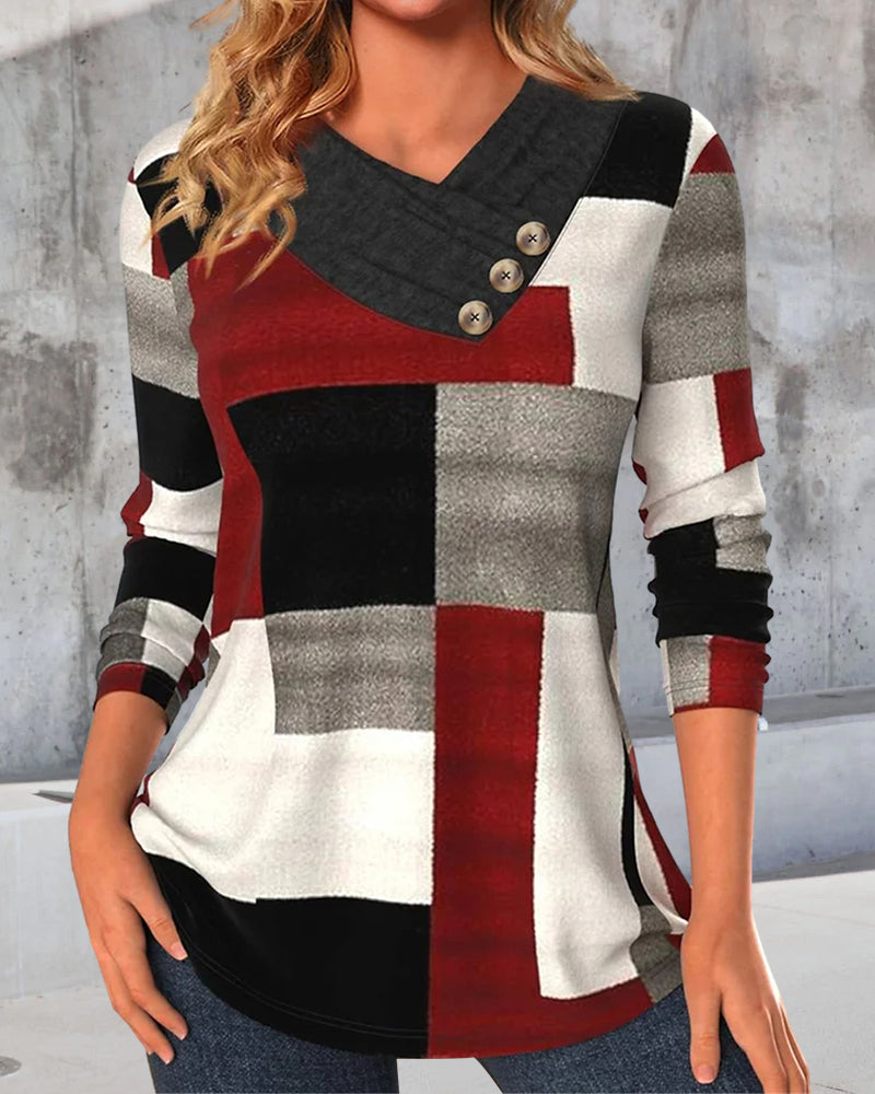 Colorblock Topp V-Hals Lange Ermer