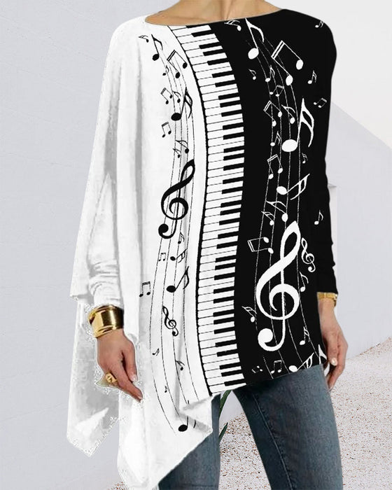 Uregelmessig langermet topp med pianotrykk