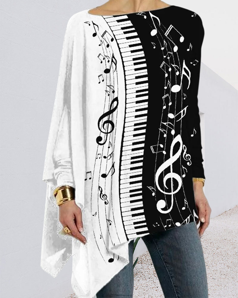Uregelmessig langermet topp med pianotrykk