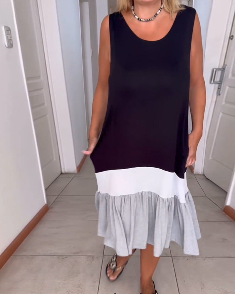 Kjole uten ermer og rund hals med fargeblokker