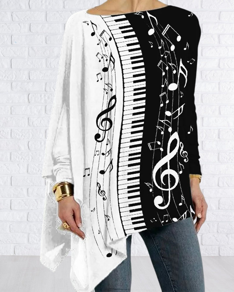 Uregelmessig langermet topp med pianotrykk