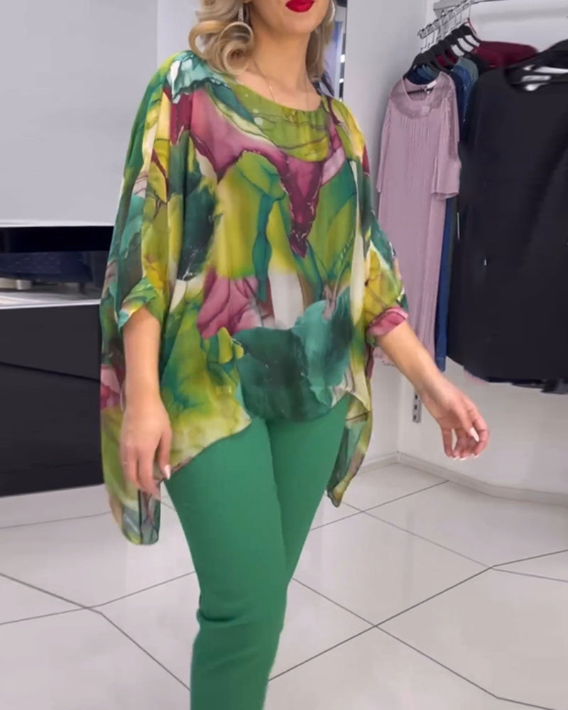 Bluse med flaggermuserm med rund hals