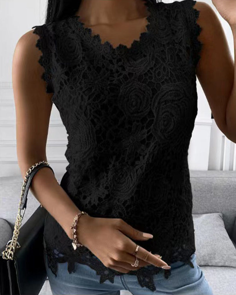 Elegant tank topp i solid med blonder