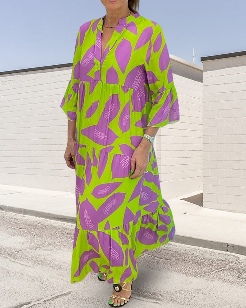 Utskrift av blader   Kjole med korte ermer