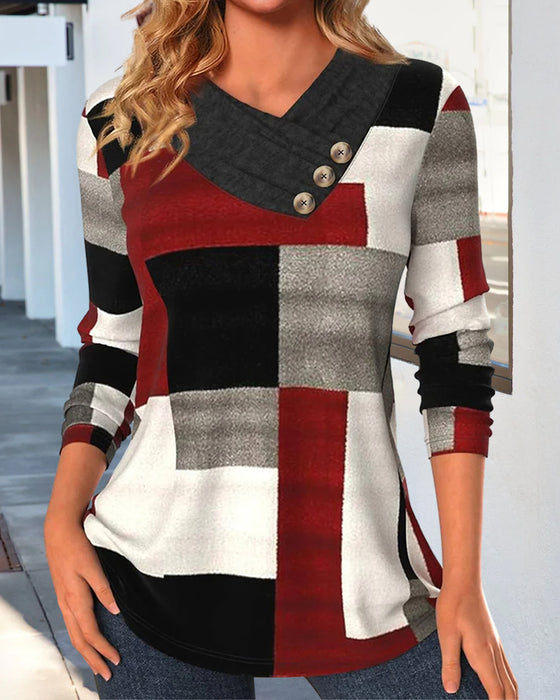 Colorblock Topp V-Hals Lange Ermer